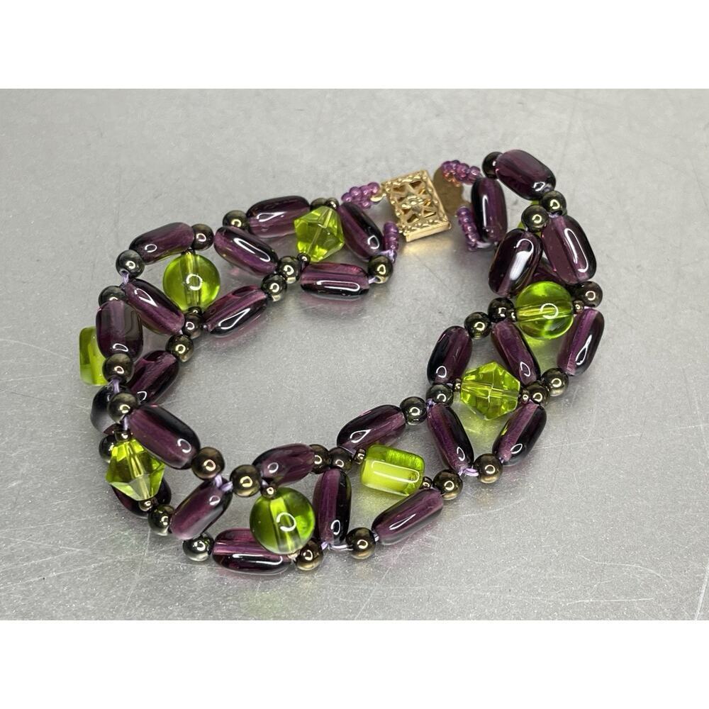 Vintage Purple Green Chartreuse Beaded Bracelet Glass Glamour